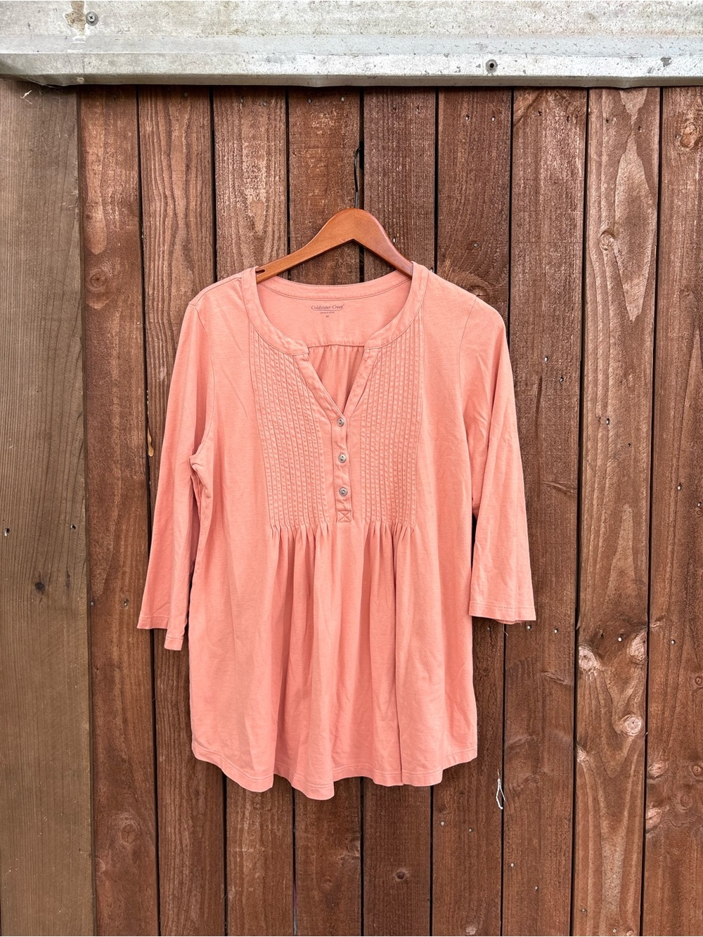 Coldwater Creek Coral Orange Pleated 3/4 Sleeve Cotton Blouse